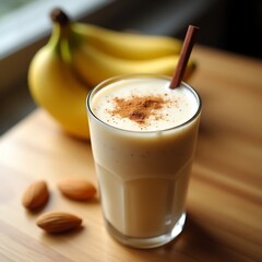 Preparing Banana Almond Smoothie with Cinnamon Stick for Healthy Drink