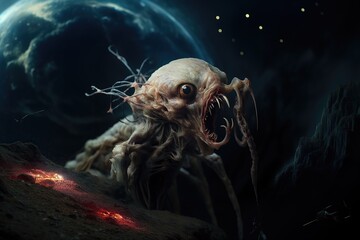 Terrifying alien creature in a dark extraterrestrial landscape under a glowing nebula