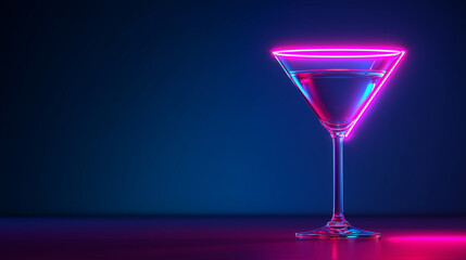 Glowing neon martini glass with pink liquid on dark background.