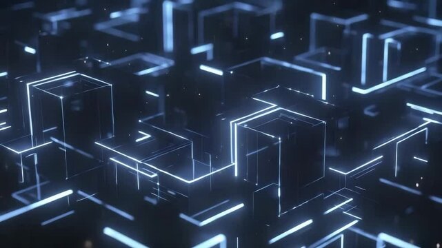 Glowing geometric cubes with neon blue edges form a futuristic, digital network in a dark, abstract space.