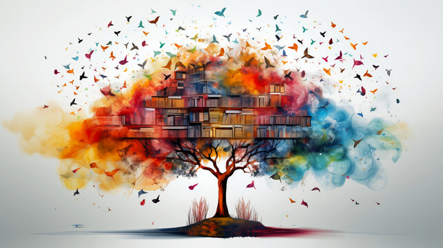Tree of Knowledge: A vibrant artistic representation of a tree, its leaves blossoming into a vivid display of colorful books and butterflies, symbolizes growth and enlightenment.