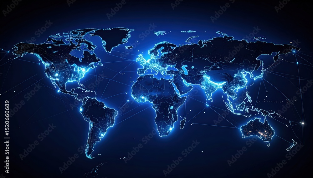 Wall mural global network connection: illuminated world map with digital connectivity