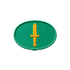 Oval Emblem Gold Dagger on Teal Swirl Background transparent background