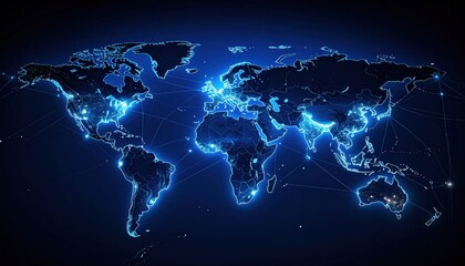 Global Network Connection: Illuminated World Map with Digital Connectivity