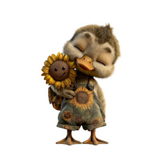 Adorable 3D Duckling Hugging a Smiling Sunflower
