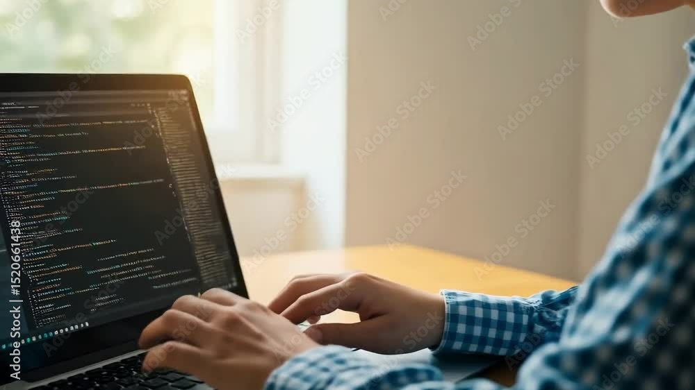Poster woman coding on a laptop, working on software development project