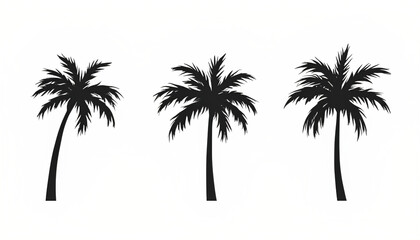 Three tropical palm tree silhouettes isolated on white background vacation concept