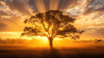 Fototapeta premium a solitary tree stands silhouetted against a vibrant and golden sunrise casting ethereal rays through the clouds and across the open meadow evoking a feeling of tranquility and hope