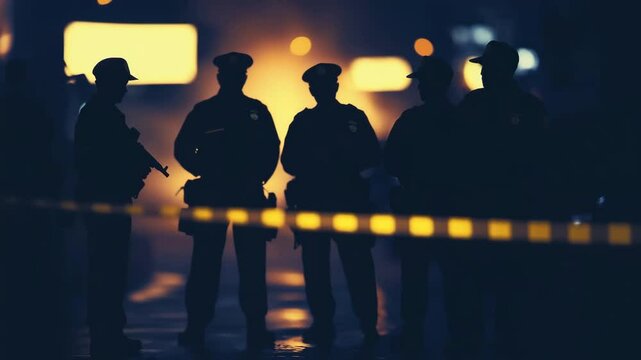 Three police officers stand behind caution tape at night, silhouetted against blurred city lights.