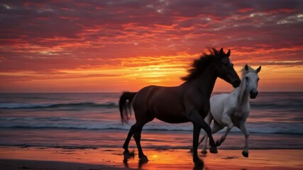 Horses running on beach at sunset