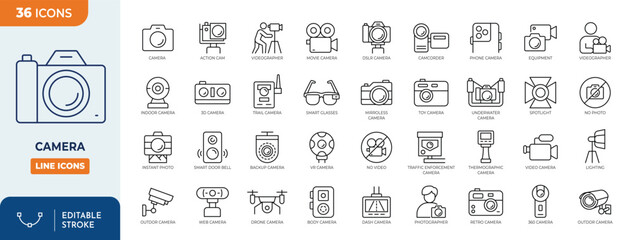 Fototapeta na wymiar Camera line editable icon set. Editable stroke. Vector illustration 