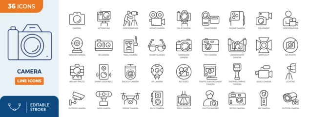 Gordijnen Camera line editable icon set. Editable stroke. Vector illustration   © Cetacons