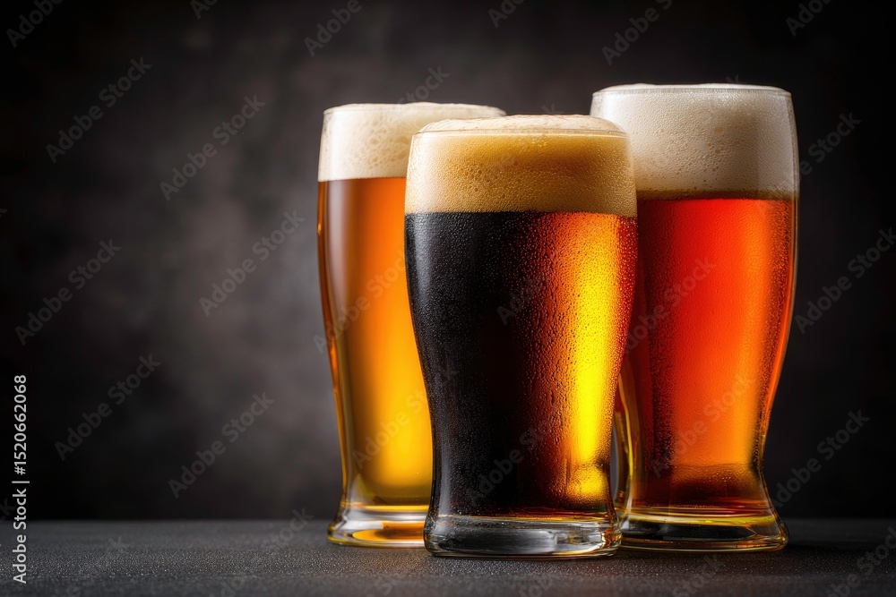 Poster three glasses of different beers with foam on a dark textured background