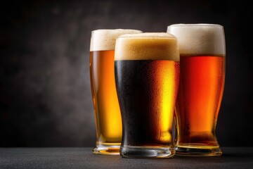 Three glasses of different beers with foam on a dark textured background