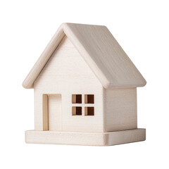 A simple white wooden model house with a door and window on a white background in a studio setting