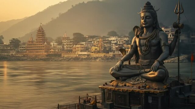 Majestic hindu deity statue by river