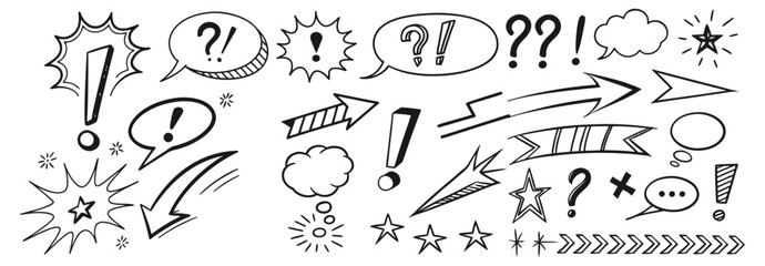 Hand drawn line chalk brush stroke arrow icon set. Chalk crayon underline, check mark, scribble and texture in rough hand sketch style. Drawn heart, frame, star design shapes. Vector illustration.