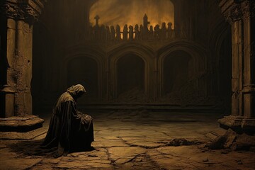 Hooded figure meditating in a dimly lit ancient cathedral ruins
