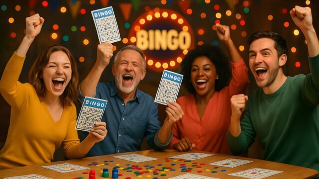 Exciting Bingo Night Celebration – Players Cheering Over Winning Cards in a Festive Atmosphere