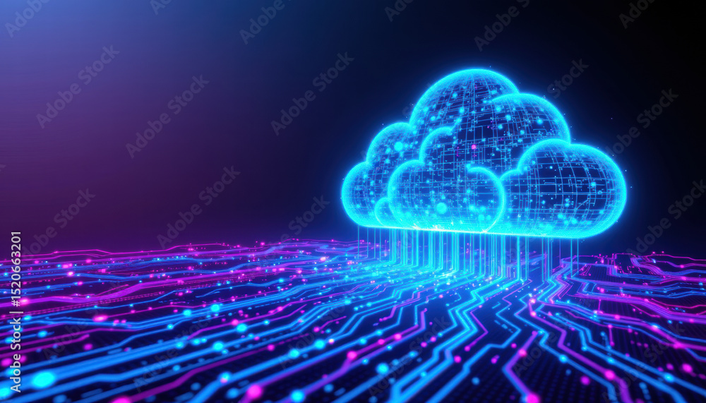 Aufkleber vibrant digital cloud symbolizing data storage and connectivity, with glowing circuits and neon colo