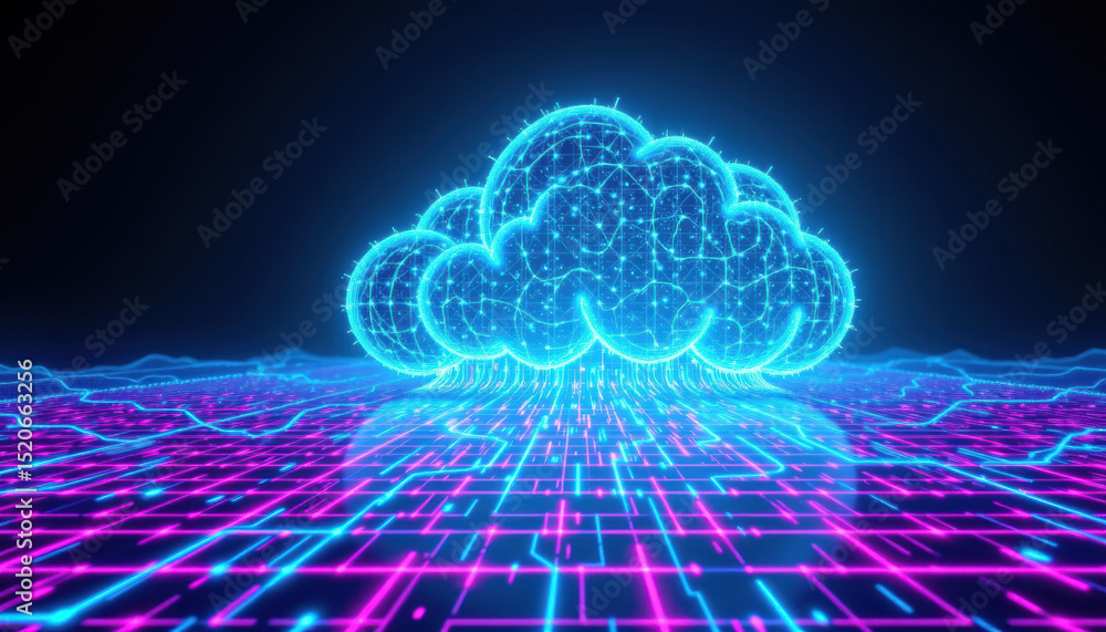 Poster vibrant digital cloud with glowing blue and pink lines represents data connectivity and technology. 