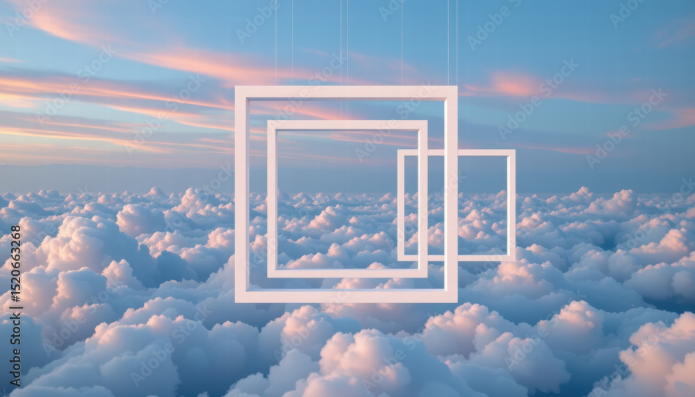 Poster floating frames in dreamy sky above fluffy clouds create surreal and tranquil atmosphere, inviting i