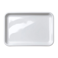 A simple close up shot of an empty white rectangular tray isolated against a white background plain studio shot