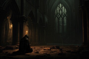 Monk praying in a dimly lit ancient gothic cathedral at night