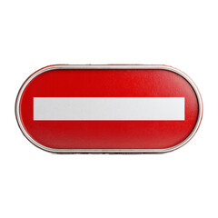 A close up shot of a red and white no entry sign with a silver border isolated on white background