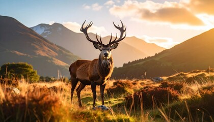 Fototapeta premium Majestic Red Deer Stag at Sunset in the Highlands