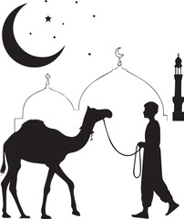 camel vector art black and white, cute camel, camel & mosque edul adha vector design