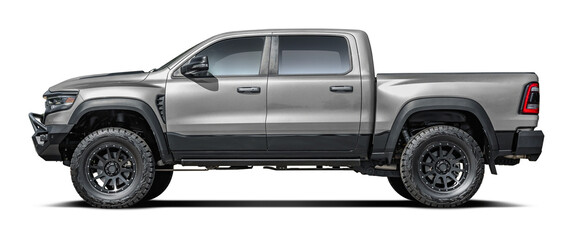 Plakat Modern powerful American gray pickup truck, side view in png format.