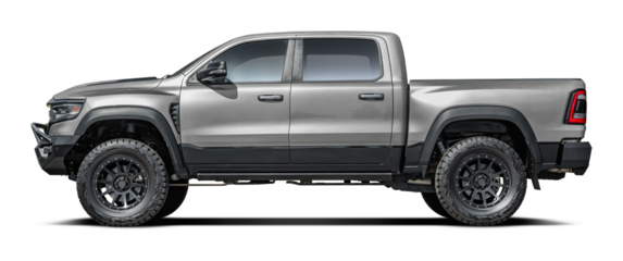 Modern powerful American gray pickup truck, side view in png format.