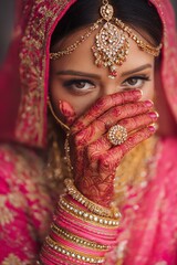 Beautiful Indian Bride Pink Bridal Outfit Henna Hands Jewelry red gold girl woman style dress asian 