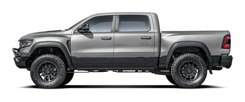 Fototapeta Modern powerful American gray pickup truck, side view in png format.