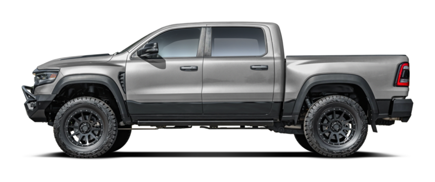 Modern powerful American gray pickup truck, side view in png format.