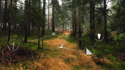  Green forest nature with connected ecology icons illustration.