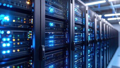 Server Room: Data Center Racks with Glowing Lights
