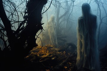 Ethereal figures in a misty forest create an eerie and spectral ambiance