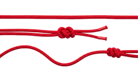Three Red Ropes Straight Tied in a Knot and Wavy Isolated on a Black Background Close Up Studio Shot