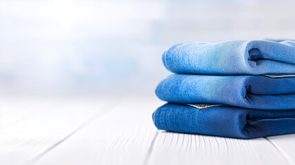 Classic blue denim jeans folded neatly on white surface with soft natural light