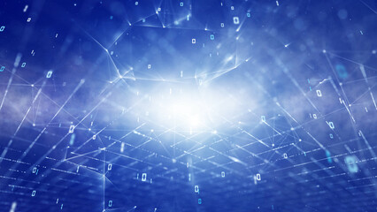 Digital computer network on bright shining blue background illustration.