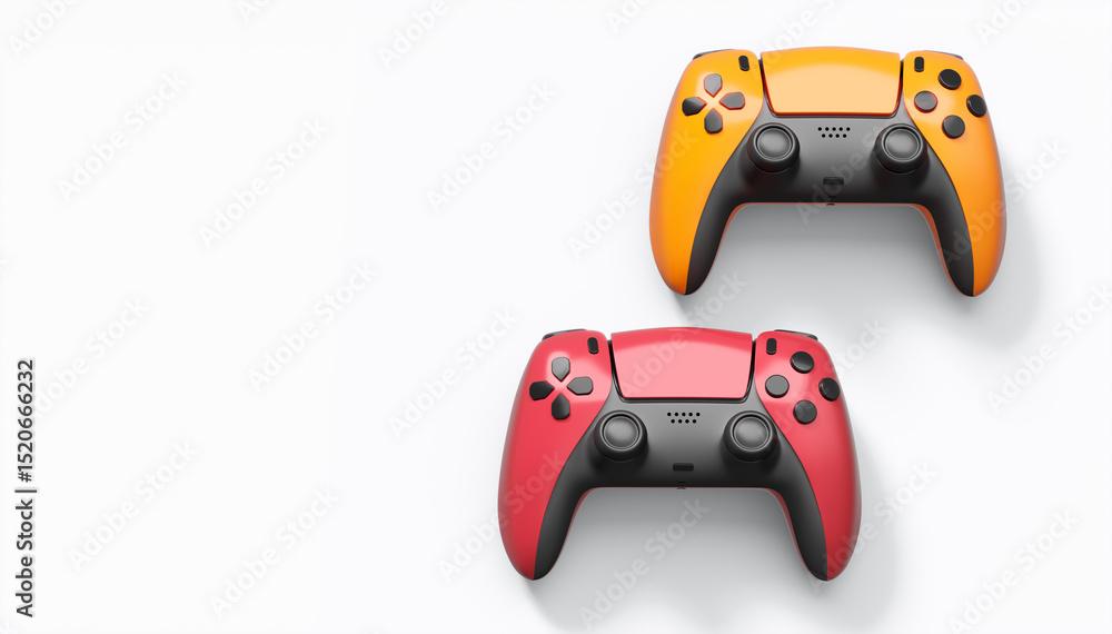 Poster realistic colorful video game joysticks or gamepads with color buttons on white