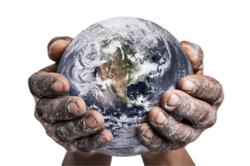 Dark Hands Gently Holding Detailed Earth Model Against Transparent Background, PNG