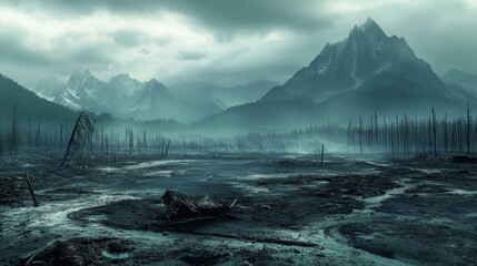 Dark Foggy Landscape with Ruined Trees and Mountains