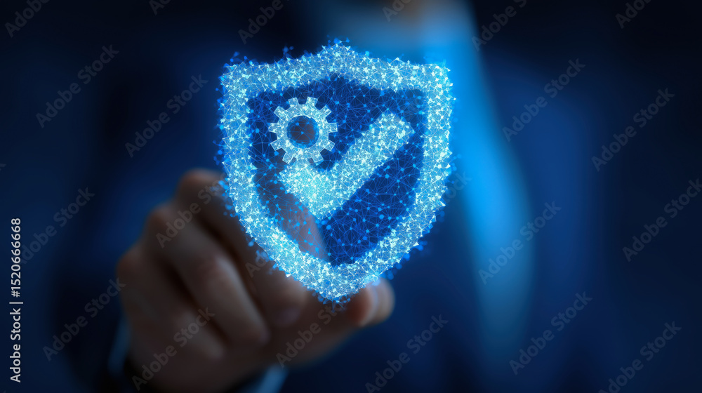 Poster a glowing digital shield with a checkmark is touched by a person in a suit, symbolizing security or 