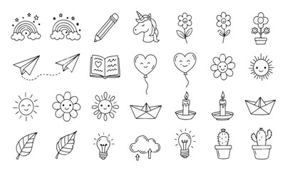 Cute Hand-Drawn Doodle Icon Collection: Whimsical Elements & Illustrations
