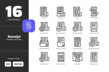 Receipt Icon Set Collection with Outline or Line Art Style. Including Bill, Cash, Digital, E, Invoice, Paper, Book, Check, Folder, History, Printer, Scan, Receipt, Repair, Shopping, Transaction.