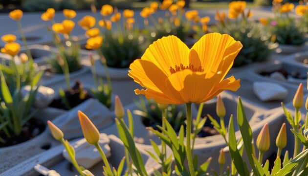 a dreamy photograph of the california poppy (eschscholzia californica), captured at sunset with a 70 200mm lens