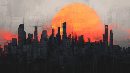 Abstract Cityscape Silhouette at Sunset with Dramatic Colors